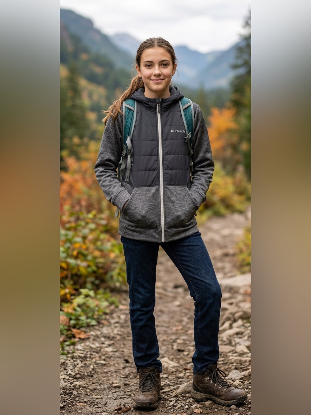 Columbia Youth Hooded Hybrid Full-Zip Fleece Jacket Grey Black Size L 14/16 EUC